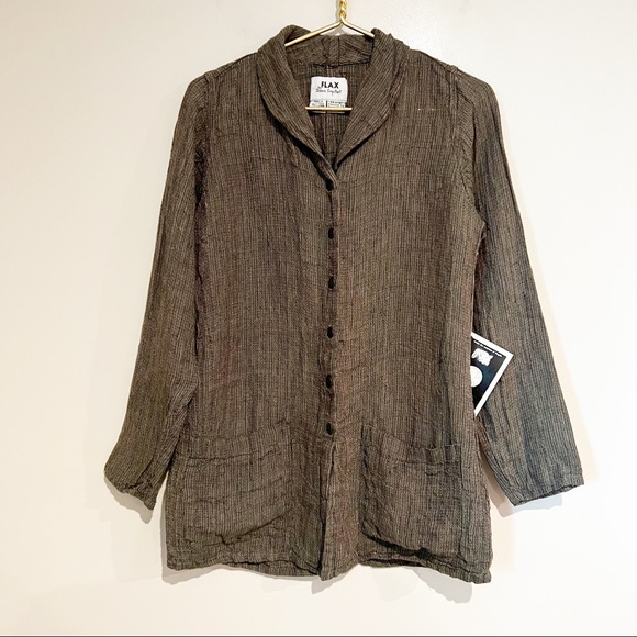 FLAX 100% Linen Brown Multicolor Woven Shawl Collar Snap Front Top/Jacket - Picture 1 of 10